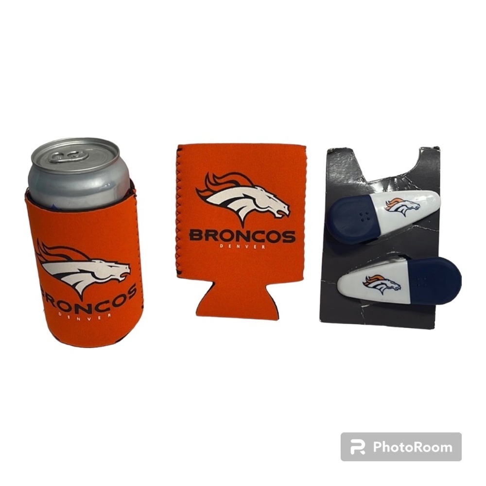 Denver Broncos 2 Beer Can Koozies and 2 Chip Clips